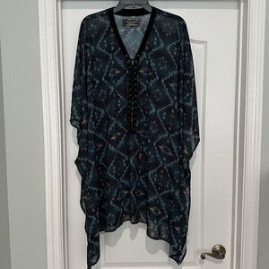 Double D Ranch Sheer Poncho S/M Teal Green Brown Aztec Southwestern Boho Cowgirl